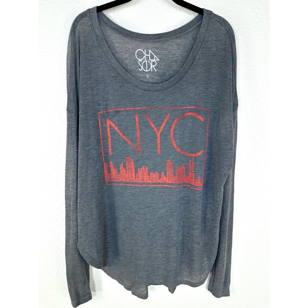 Chaser NYC Graphic Long Sleeve‎ Tee Slouchy Sheer Gray Small